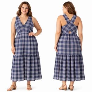 Club Monaco Cross back Plaid Midi Dress Tiered A-Line Size 12 navy pink